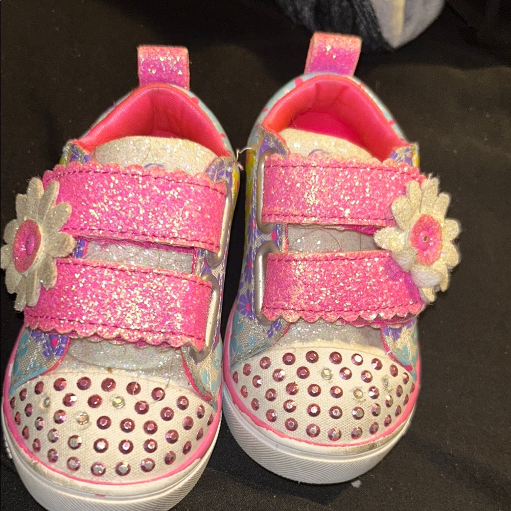 Glittery Pink Kids Shoes with Floral Accents